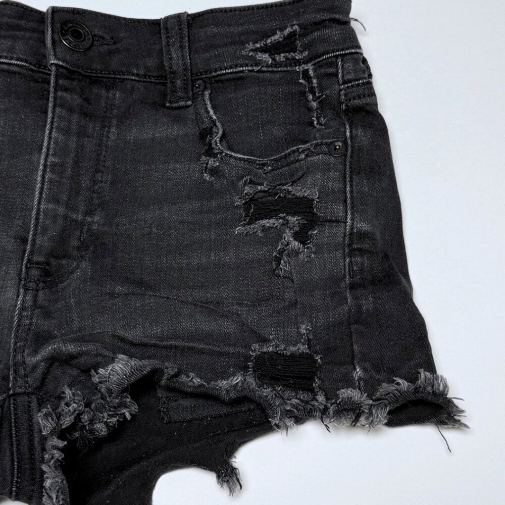 American Eagle Hi Rise Shortie Black Denim Stretch Shorts Distressed Size 0 - Picture 7 of 11